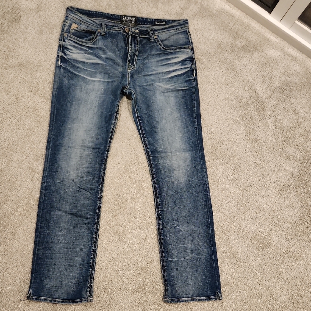 Salvage Men's Distressed Blue Bootcut Jeans 38X